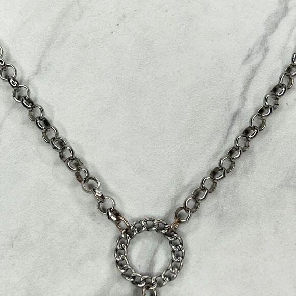 Chico's Silver Tone Chain Link Faux Pearl Rhinestone Pendant Necklace - Picture 7 of 11